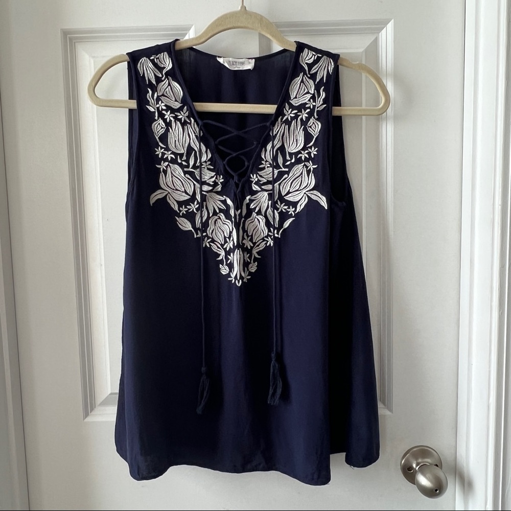 Peach Love California navy blue floral embroidered sleeveless top